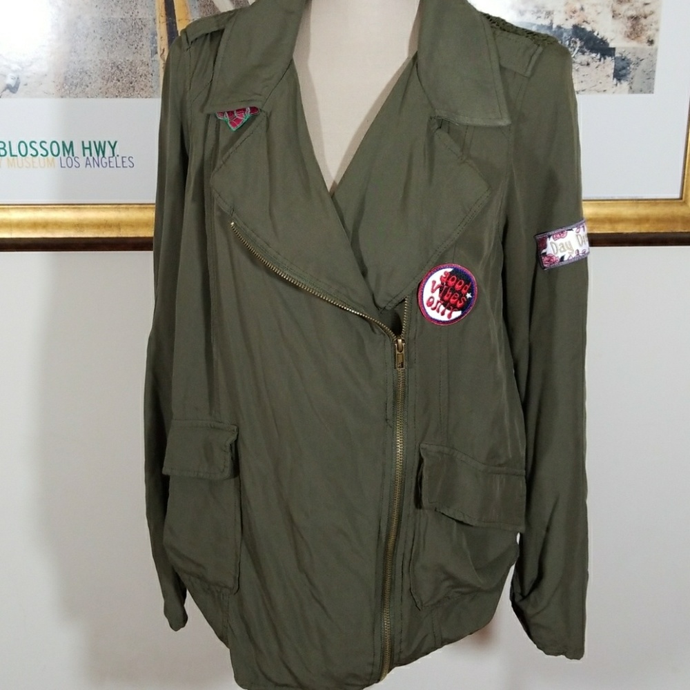 Xhilaration Olive Green Moto-Style With Patches Jacket. Size L